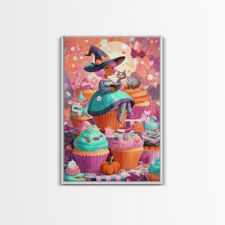 The Cupcake Costume Contest, Cute Spooky Neon Art, Vertical Wall Art, Canvas Print, Retro Halloween Decor, Neon Wall Art, Halloween Wall Art