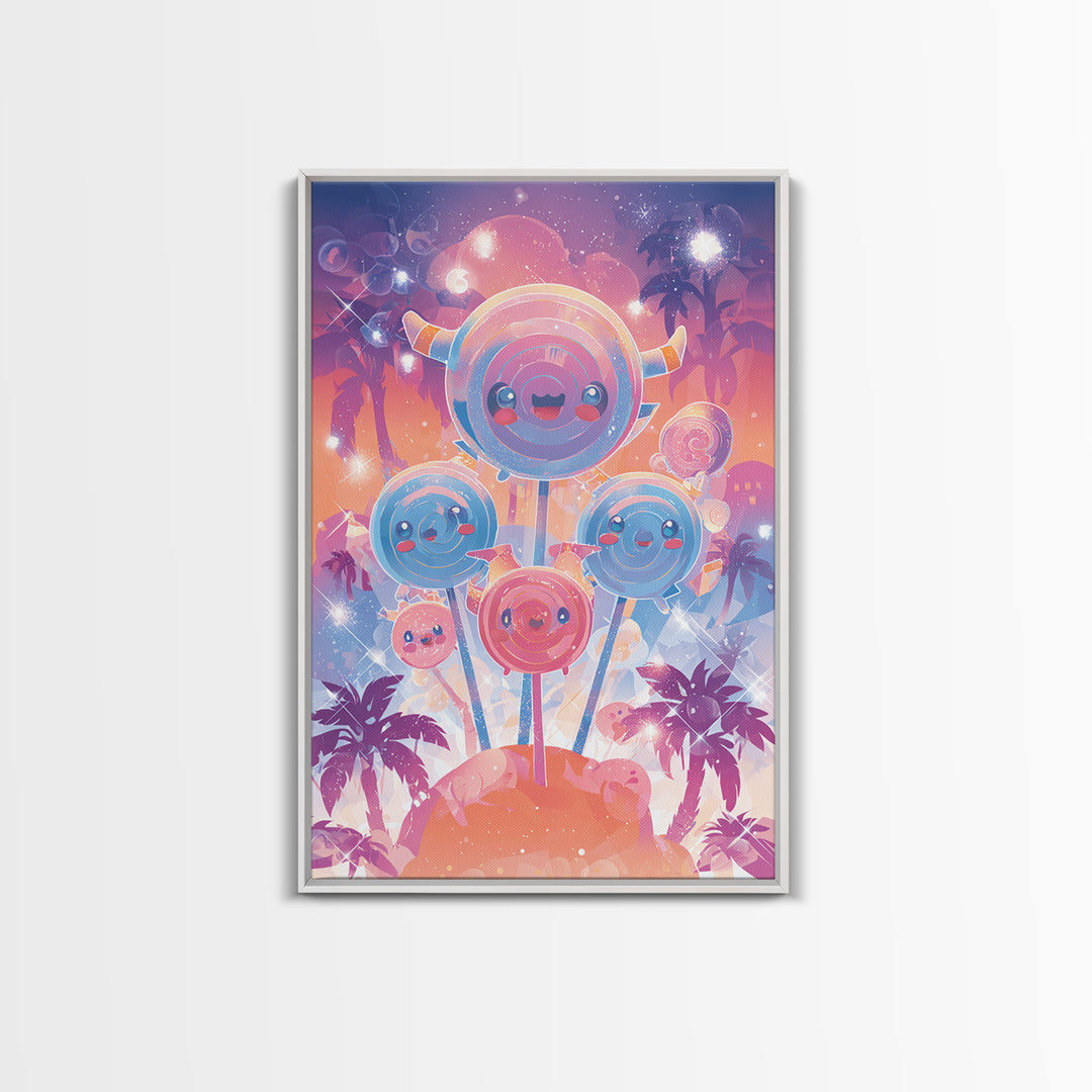 The Friendly Lollipop Monsters, Synthwave Halloween Art, Vertical Wall Art, Canvas Print, Retro Halloween Decor, Neon Wall Art