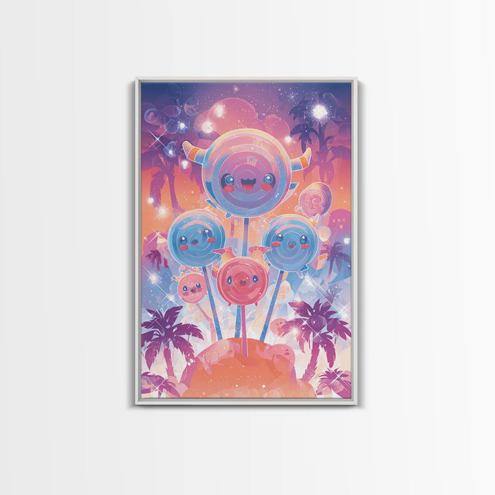The Friendly Lollipop Monsters, Synthwave Halloween Art, Vertical Wall Art, Canvas Print, Retro Halloween Decor, Neon Wall Art