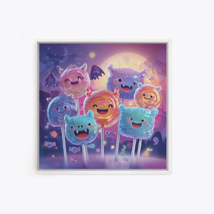 The Friendly Lollipop Monsters, Retro Neon Halloween Art, Square Wall Art, Framed Canvas Print, Retro Halloween Decor, Neon Wall Art