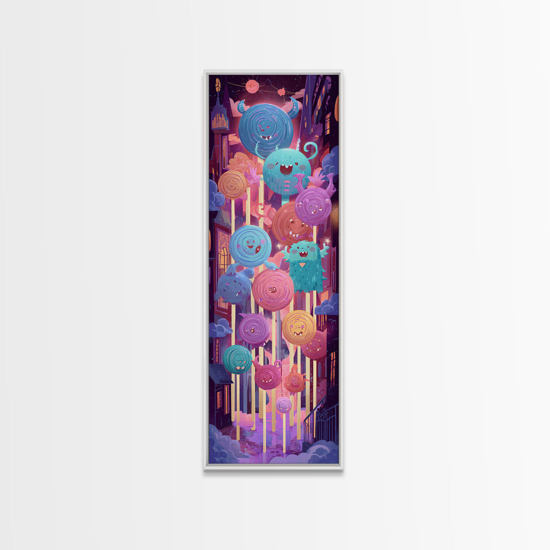 The Friendly Lollipop Monsters, Cute Spooky Neon Art, Tall Narrow Wall Art, Framed Canvas Print, Retro Halloween Decor, Neon Wall Art