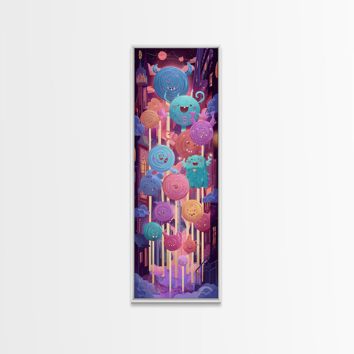 The Friendly Lollipop Monsters, Cute Spooky Neon Art, Tall Narrow Wall Art, Framed Canvas Print, Retro Halloween Decor, Neon Wall Art