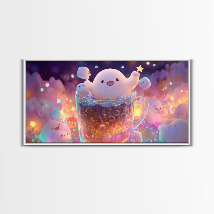 The Marshmallow Ghost Choir, 80s Halloween Wall Art, Wide Panoramic Art, Framed Canvas Print, Retro Halloween Decor, Neon Wall Art