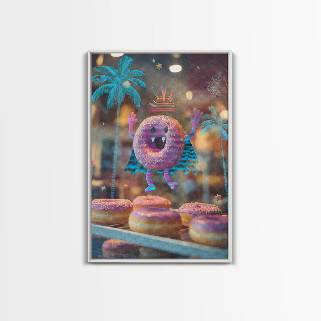 The Donut Vampire Family, Vaporwave Halloween Decor, Vertical Wall Art, Canvas Print, Retro Halloween Decor, Neon Wall Art, Macabre Wall Art