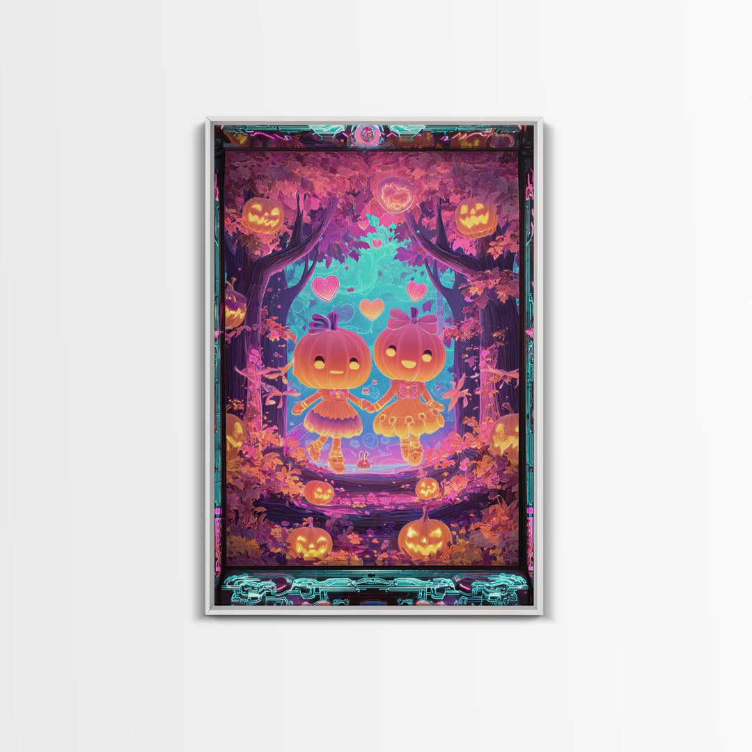 The Caramel Apple Friends, Synthwave Halloween Art, Vertical Wall Art, Framed Canvas Print, Retro Halloween Decor, Neon Wall Art