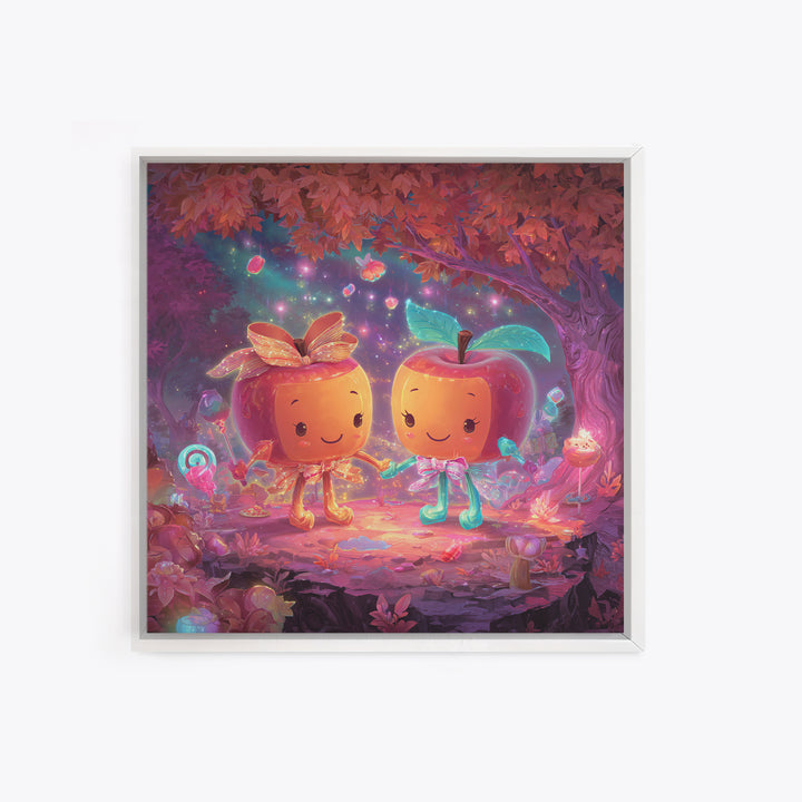 The Caramel Apple Friends, Cute Spooky Neon Art, Square Wall Art, Framed Canvas Print, Retro Halloween Decor, Neon Wall Art