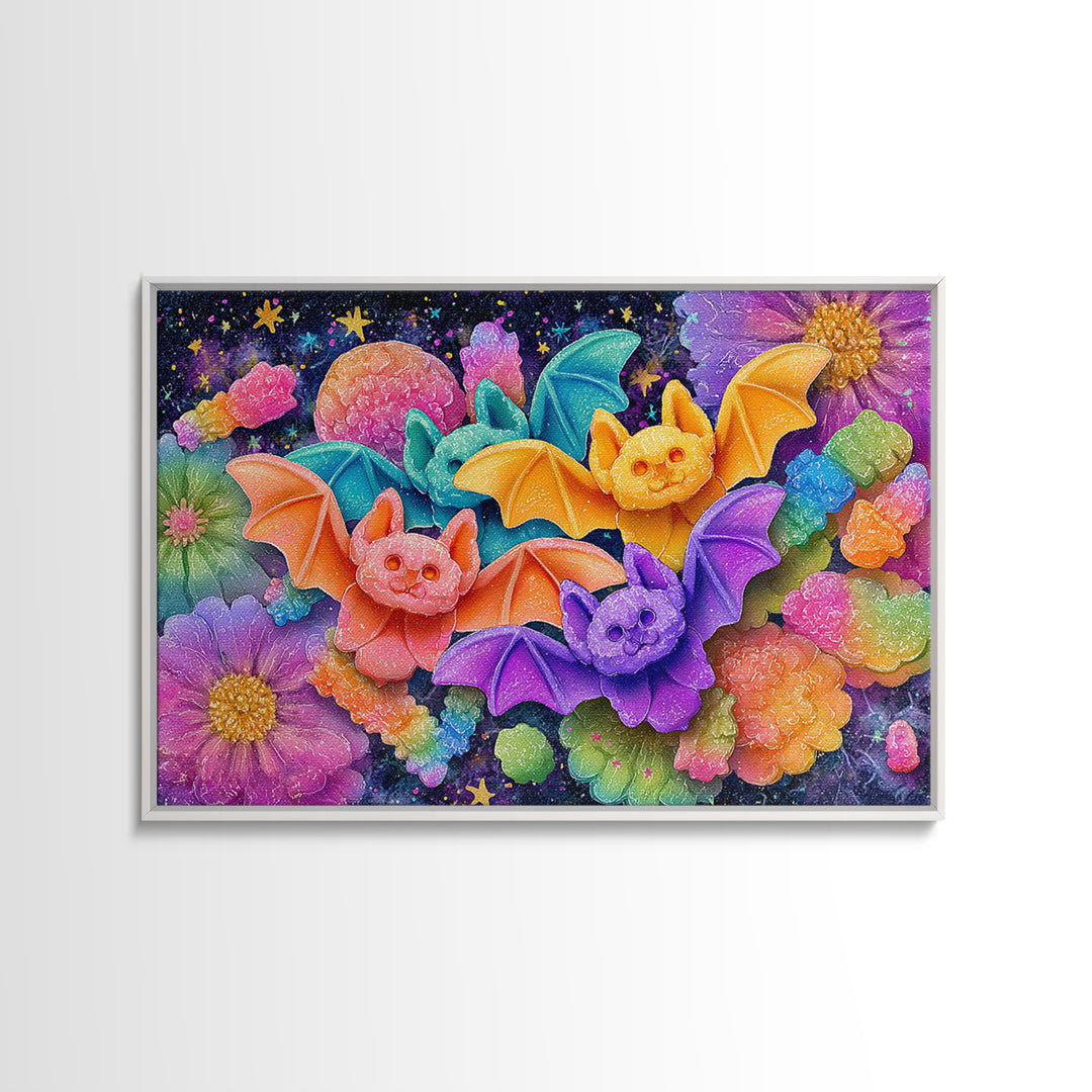 The Gummy Bat Garden, 80s Halloween Wall Art, Landscape Wall Art, Framed Canvas Print, Retro Halloween Decor, Neon Wall Art
