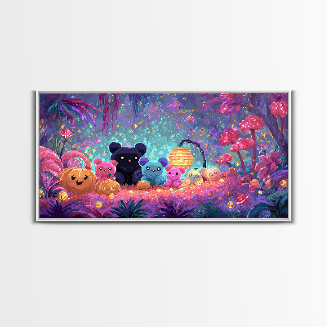 The Gummy Bat Garden, 80s Halloween Wall Art, Wide Panoramic Art, Framed Canvas Print, Retro Halloween Decor, Neon Wall Art