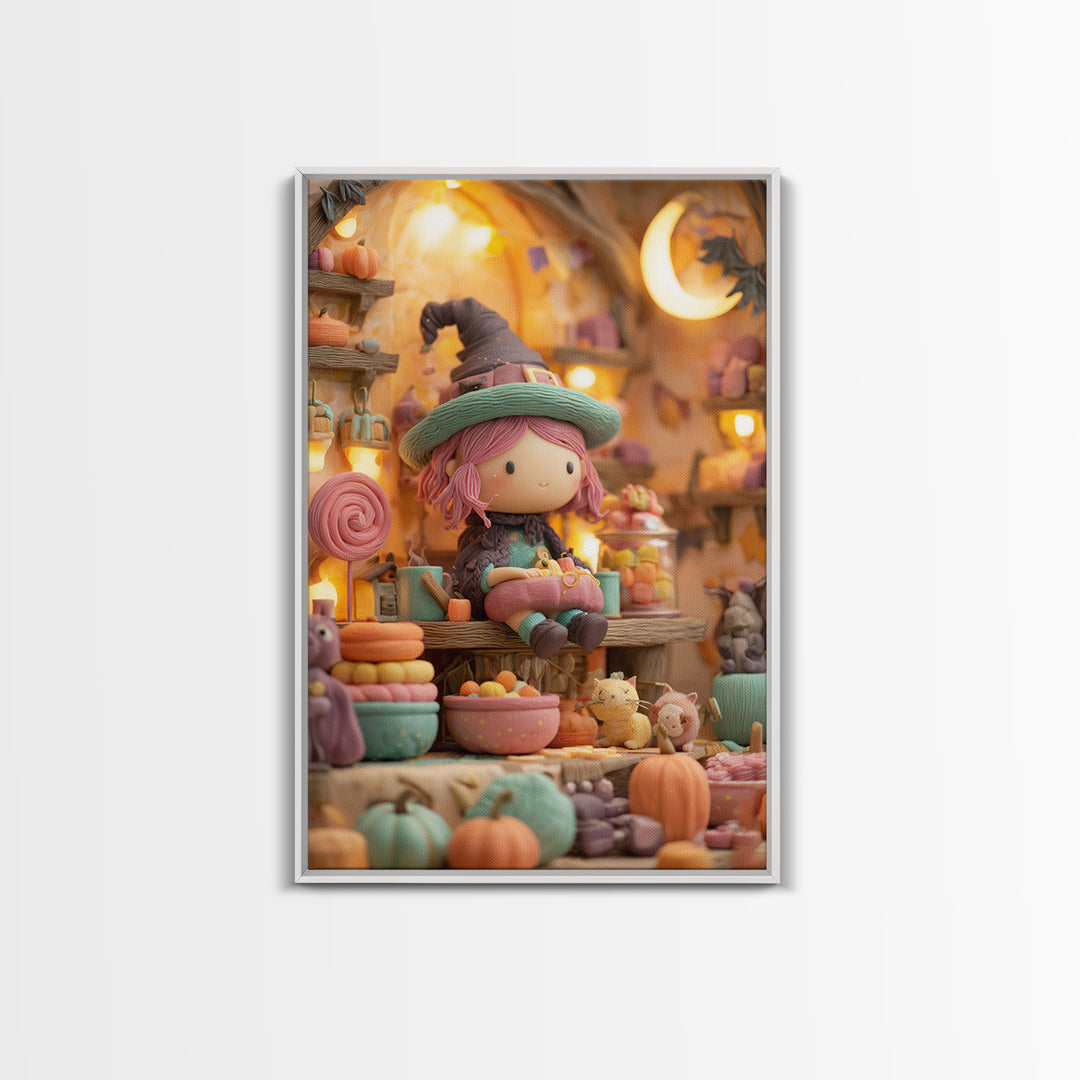 The Candy Witch'S Kitchen, Cute Spooky Neon Art, Vertical Wall Art, Framed Canvas Print, Retro Halloween Decor, Neon Wall Art