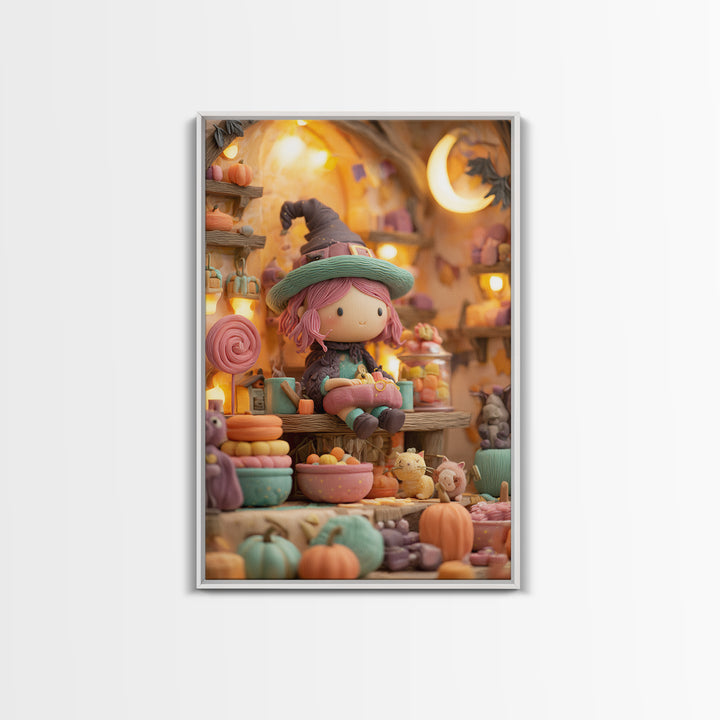 The Candy Witch'S Kitchen, Cute Spooky Neon Art, Vertical Wall Art, Framed Canvas Print, Retro Halloween Decor, Neon Wall Art