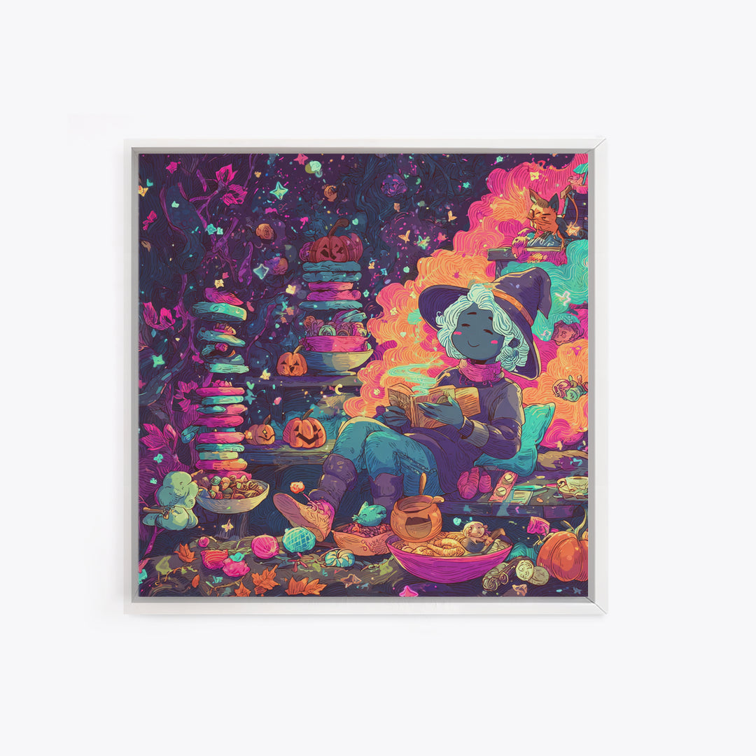 The Candy Witch'S Kitchen, Retro Neon Halloween Art, Square Wall Art, Canvas Print, Retro Halloween Decor, Neon Wall Art, Macabre Wall Art