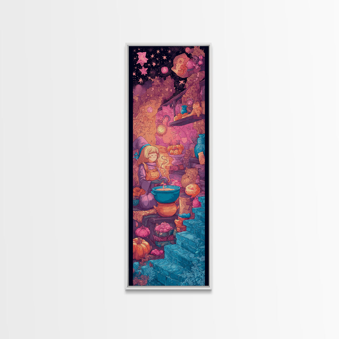 The Candy Witch'S Kitchen, Vaporwave Halloween Decor, Tall Narrow Wall Art, Framed Canvas Print, Retro Halloween Decor, Neon Wall Art