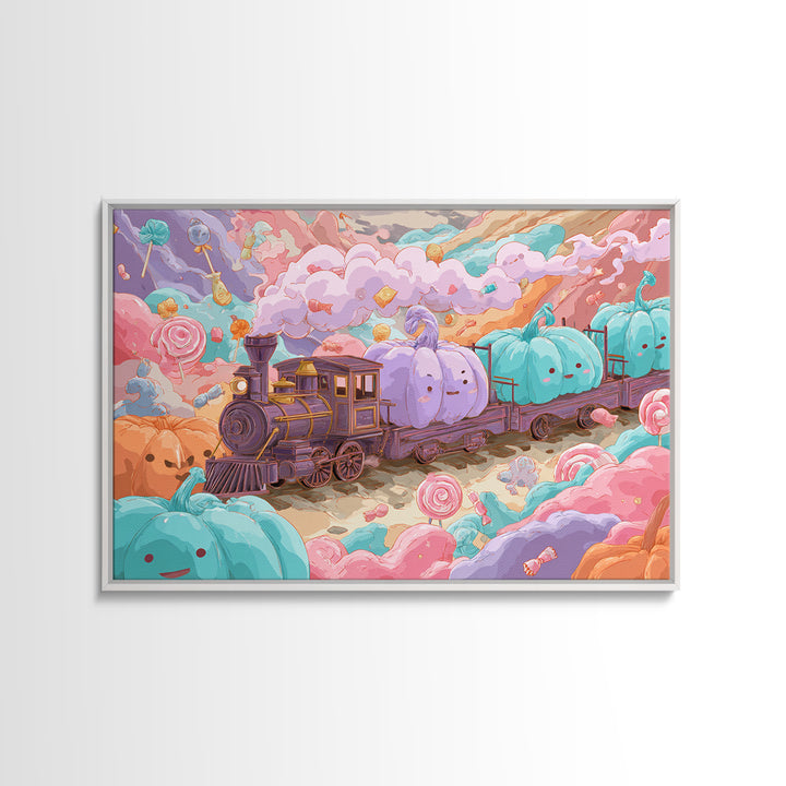 The Chocolate Pumpkin Train, 80s Halloween Wall Art, Landscape Wall Art, Framed Canvas Print, Retro Halloween Decor, Neon Wall Art