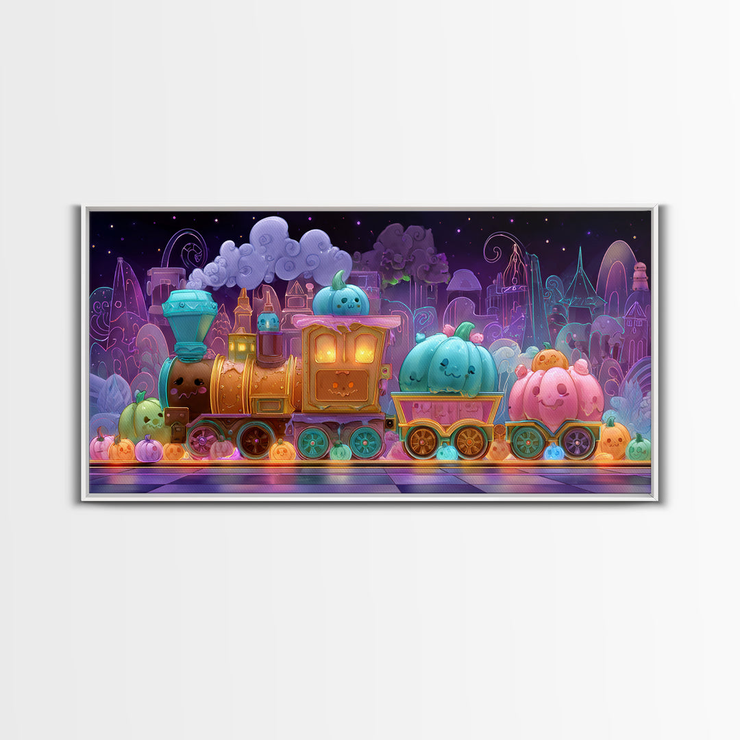 The Chocolate Pumpkin Train, 80s Halloween Wall Art, Wide Panoramic Art, Canvas Print, Retro Halloween Decor, Neon Wall Art