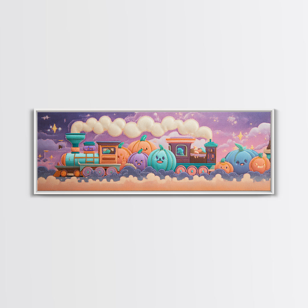 The Chocolate Pumpkin Train, 80s Halloween Wall Art, Extra Wide Wall Art, Framed Canvas Print, Retro Halloween Decor, Neon Wall Art