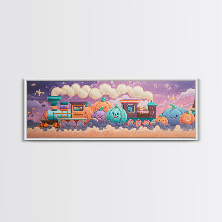 The Chocolate Pumpkin Train, 80s Halloween Wall Art, Extra Wide Wall Art, Framed Canvas Print, Retro Halloween Decor, Neon Wall Art