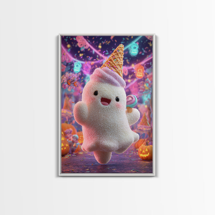 The Ice-Cream Ghost Parade, 80s Halloween Wall Art, Vertical Wall Art, Canvas Print, Retro Halloween Decor, Neon Wall Art, Dark Fantasy Art