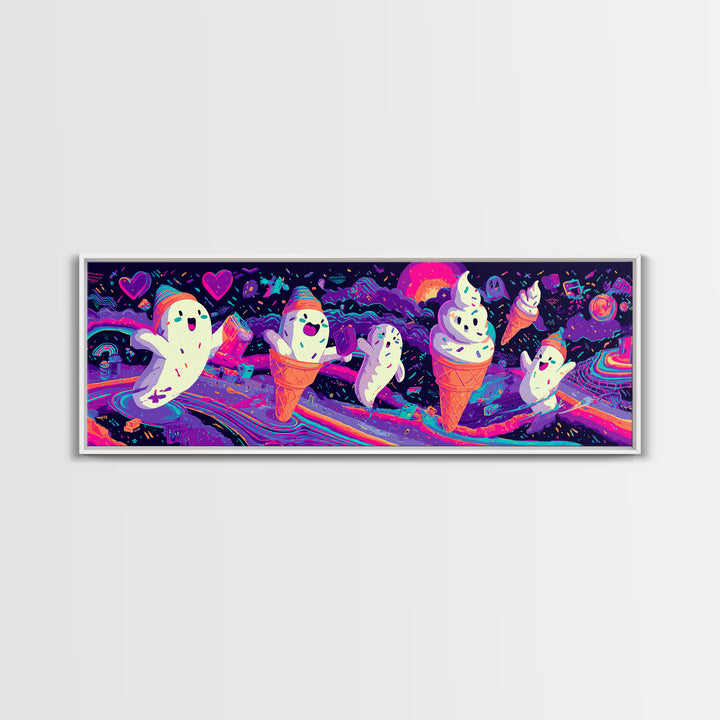 The Ice-Cream Ghost Parade, Retro Neon Halloween Art, Extra Wide Wall Art, Framed Canvas Print, Retro Halloween Decor, Neon Wall Art