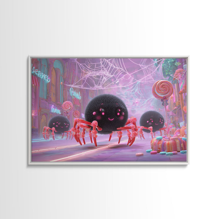 The Licorice Spider Family, Vaporwave Halloween Decor, Landscape Wall Art, Canvas Print, Retro Halloween Decor, Neon Wall Art