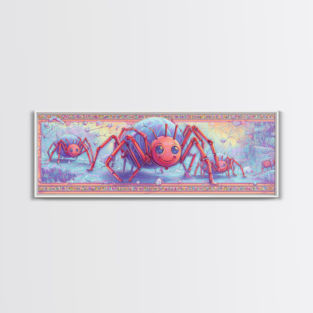 The Licorice Spider Family, Cute Spooky Neon Art, Extra Wide Wall Art, Framed Canvas Print, Retro Halloween Decor, Neon Wall Art