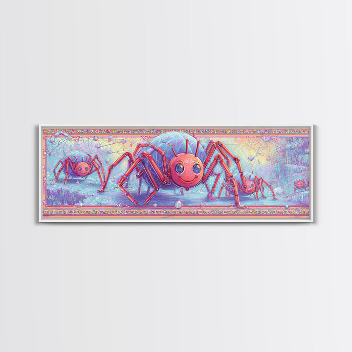 The Licorice Spider Family, Cute Spooky Neon Art, Extra Wide Wall Art, Framed Canvas Print, Retro Halloween Decor, Neon Wall Art