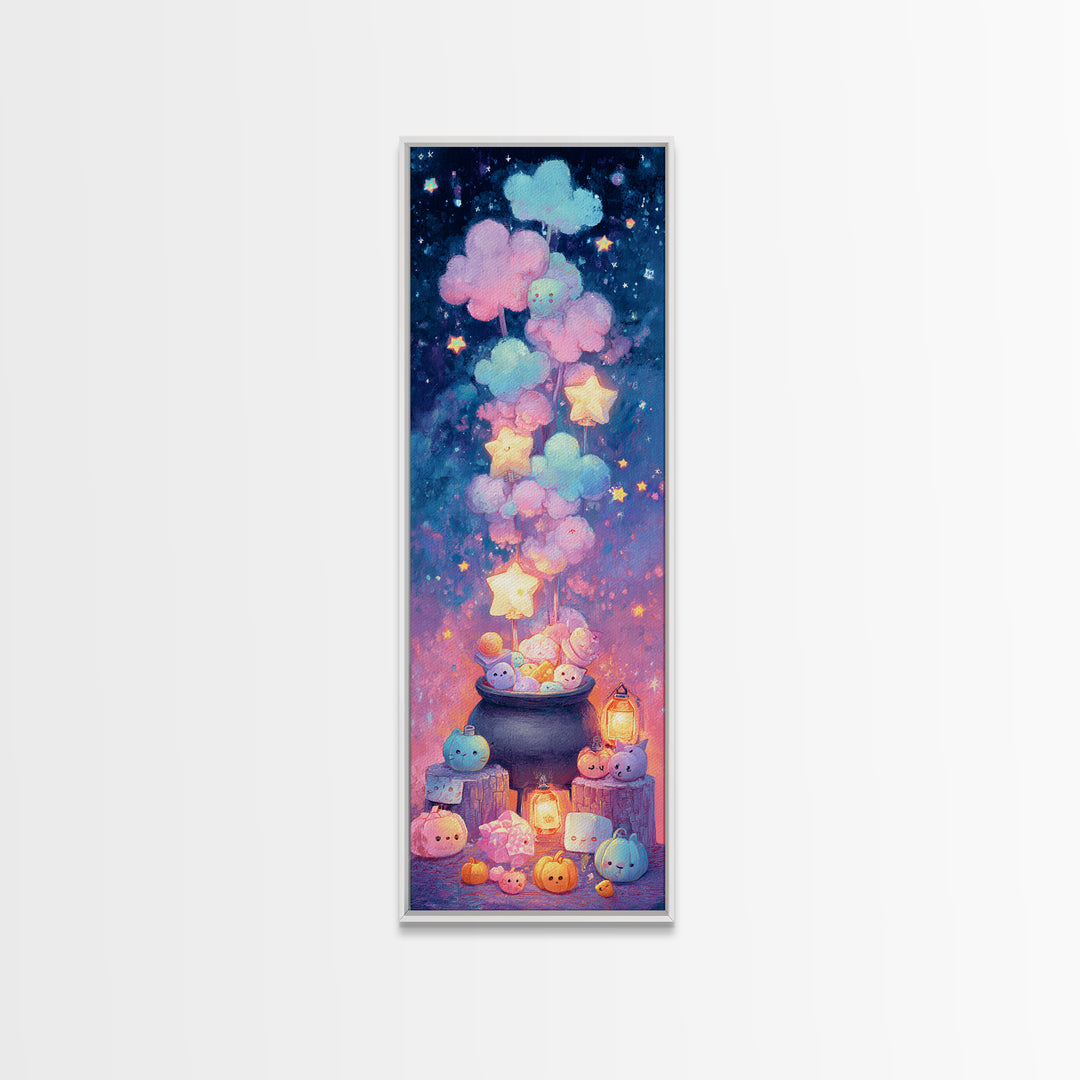 The Cotton-Candy Cauldron, Retro Neon Halloween Art, Tall Narrow Wall Art, Canvas Print, Retro Halloween Decor, Neon Wall Art