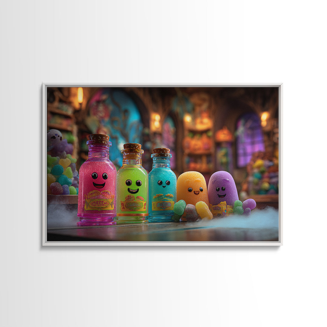 The Jellybean Potion Shop, Retro Neon Halloween Art, Landscape Wall Art, Canvas Print, Retro Halloween Decor, Neon Wall Art