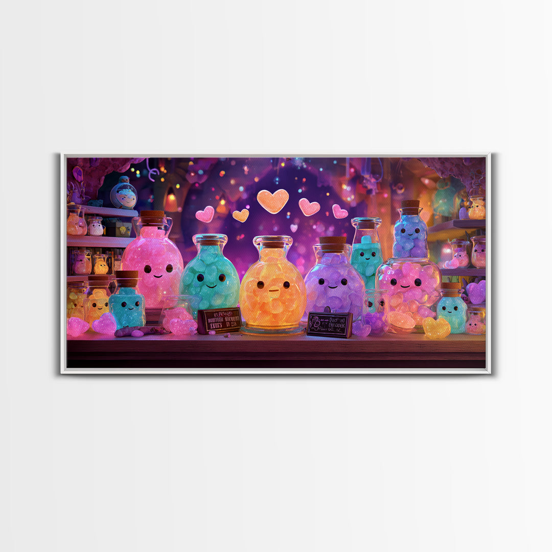 The Jellybean Potion Shop, Cute Spooky Neon Art, Wide Panoramic Art, Canvas Print, Retro Halloween Decor, Neon Wall Art, Statement Wall Art