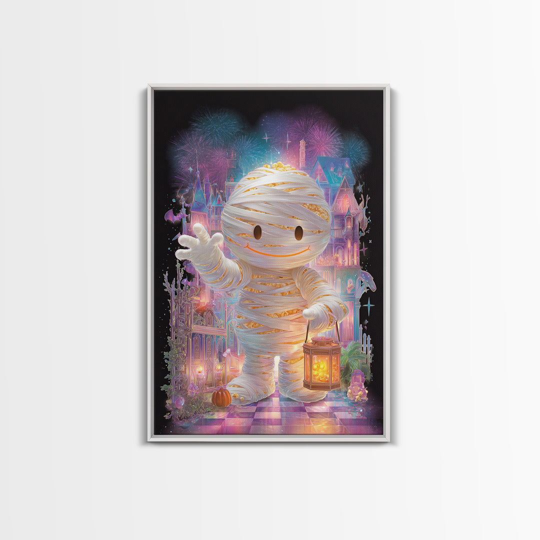 The Popcorn Mummy, Cute Spooky Neon Art, Vertical Wall Art, Framed Canvas Print, Retro Halloween Decor, Neon Wall Art, Spooky Wall Decor