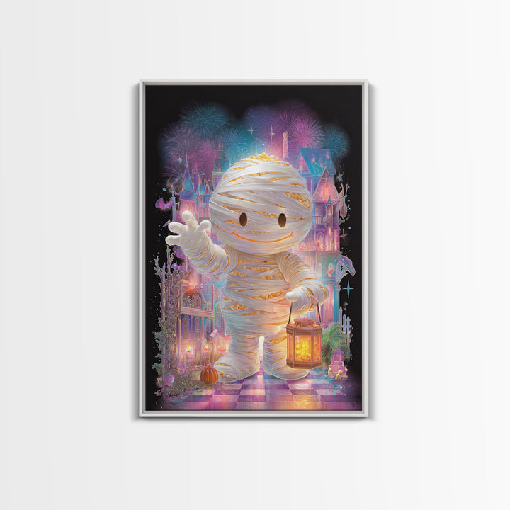 The Popcorn Mummy, Cute Spooky Neon Art, Vertical Wall Art, Framed Canvas Print, Retro Halloween Decor, Neon Wall Art, Spooky Wall Decor