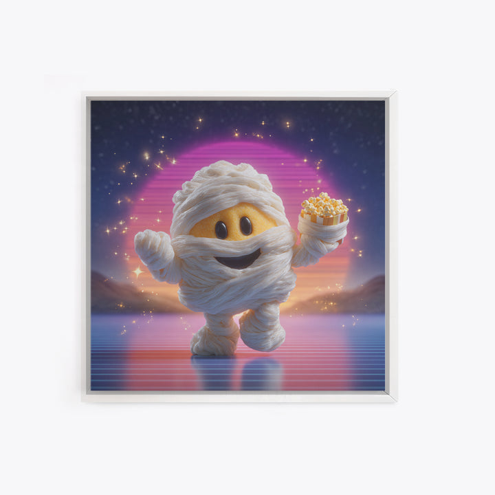 The Popcorn Mummy, 80s Halloween Wall Art, Square Wall Art, Canvas Print, Retro Halloween Decor, Neon Wall Art, Macabre Wall Art