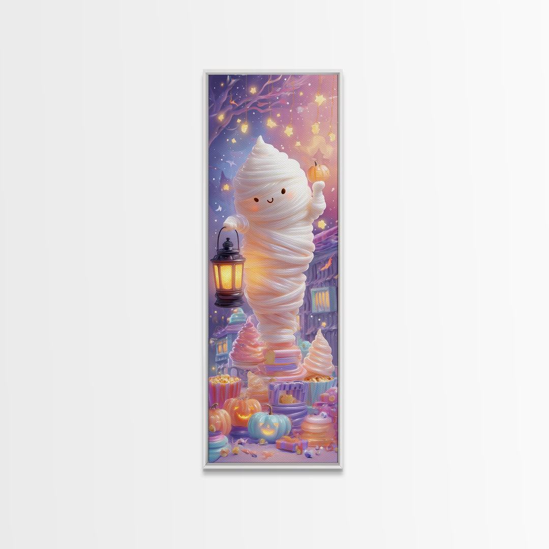 The Popcorn Mummy, Cute Spooky Neon Art, Tall Narrow Wall Art, Canvas Print, Retro Halloween Decor, Neon Wall Art, Dark Fantasy Art