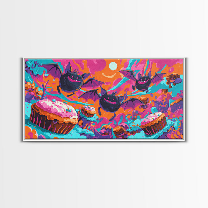 The Brownie Bat Bakery, Cute Spooky Neon Art, Wide Panoramic Art, Framed Canvas Print, Retro Halloween Decor, Neon Wall Art