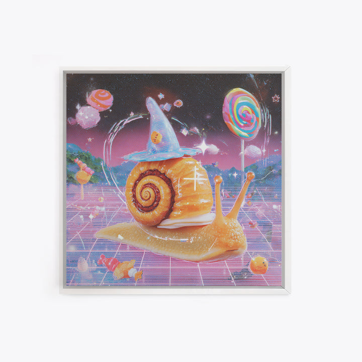 The Cinnamon-Roll Snail Witch, Cute Spooky Neon Art, Square Wall Art, Canvas Print, Retro Halloween Decor, Neon Wall Art