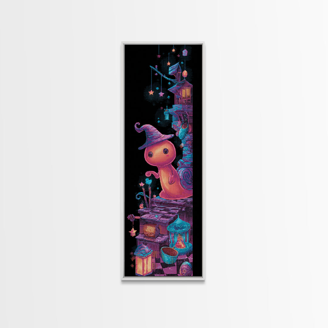 The Cinnamon-Roll Snail Witch, 80s Halloween Wall Art, Tall Narrow Wall Art, Framed Canvas Print, Retro Halloween Decor, Neon Wall Art