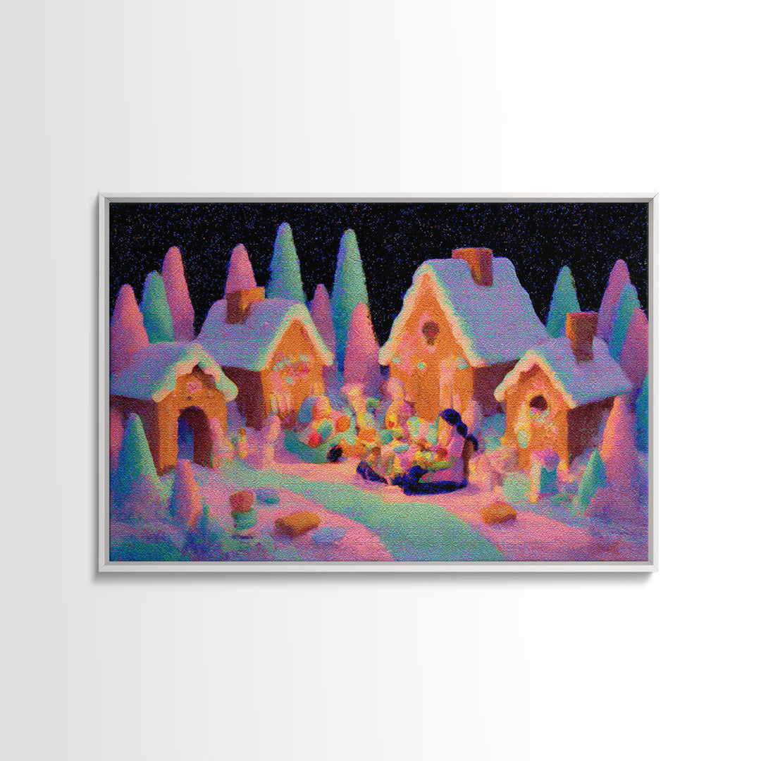 The Halloween Gingerbread Village, 80s Halloween Wall Art, Landscape Wall Art, Framed Canvas Print, Retro Halloween Decor, Neon Wall Art