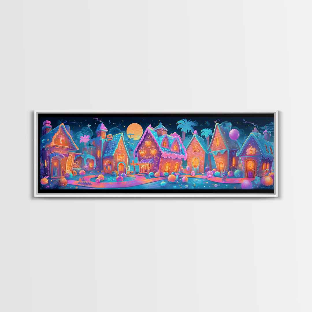 The Halloween Gingerbread Village, Retro Neon Halloween Art, Extra Wide Wall Art, Framed Canvas Print, Retro Halloween Decor, Neon Wall Art