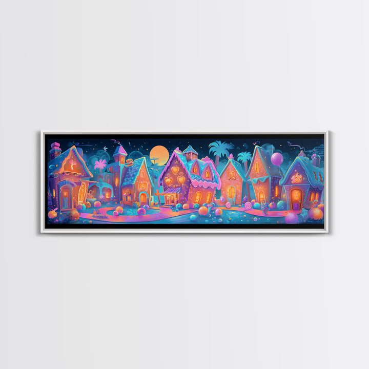 The Halloween Gingerbread Village, Retro Neon Halloween Art, Extra Wide Wall Art, Framed Canvas Print, Retro Halloween Decor, Neon Wall Art