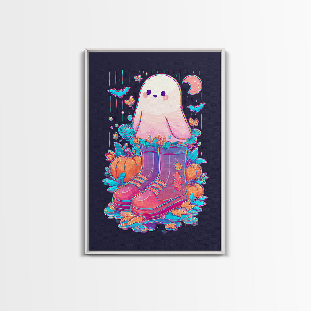 The Ghost In Rain Boots, Synthwave Halloween Art, Vertical Wall Art, Canvas Print, Retro Halloween Decor, Neon Wall Art