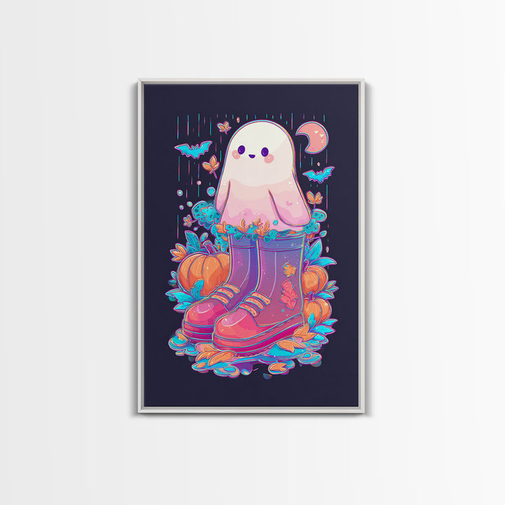 The Ghost In Rain Boots, Synthwave Halloween Art, Vertical Wall Art, Canvas Print, Retro Halloween Decor, Neon Wall Art