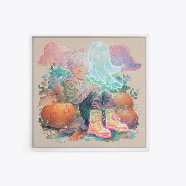 The Ghost In Rain Boots, Cute Spooky Neon Art, Square Wall Art, Framed Canvas Print, Retro Halloween Decor, Neon Wall Art