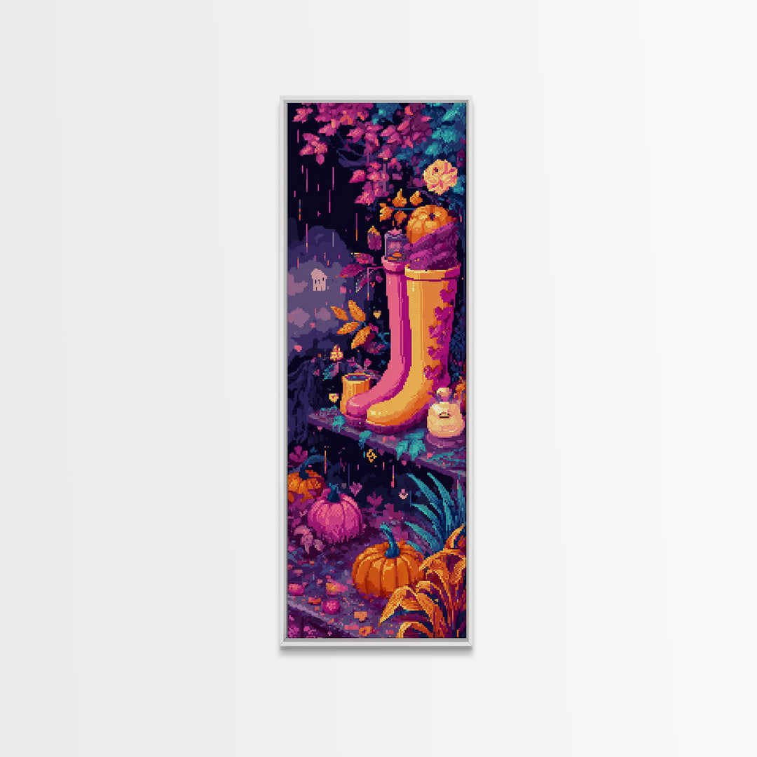 The Ghost In Rain Boots, Retro Neon Halloween Art, Tall Narrow Wall Art, Canvas Print, Retro Halloween Decor, Neon Wall Art