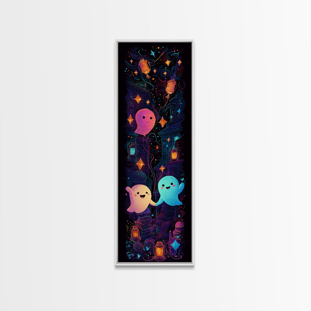 The Ghost Balloon Friend, 80s Halloween Wall Art, Tall Narrow Wall Art, Canvas Print, Retro Halloween Decor, Neon Wall Art