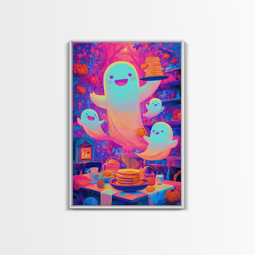 The Ghost Family Breakfast, Synthwave Halloween Art, Vertical Wall Art, Canvas Print, Retro Halloween Decor, Neon Wall Art