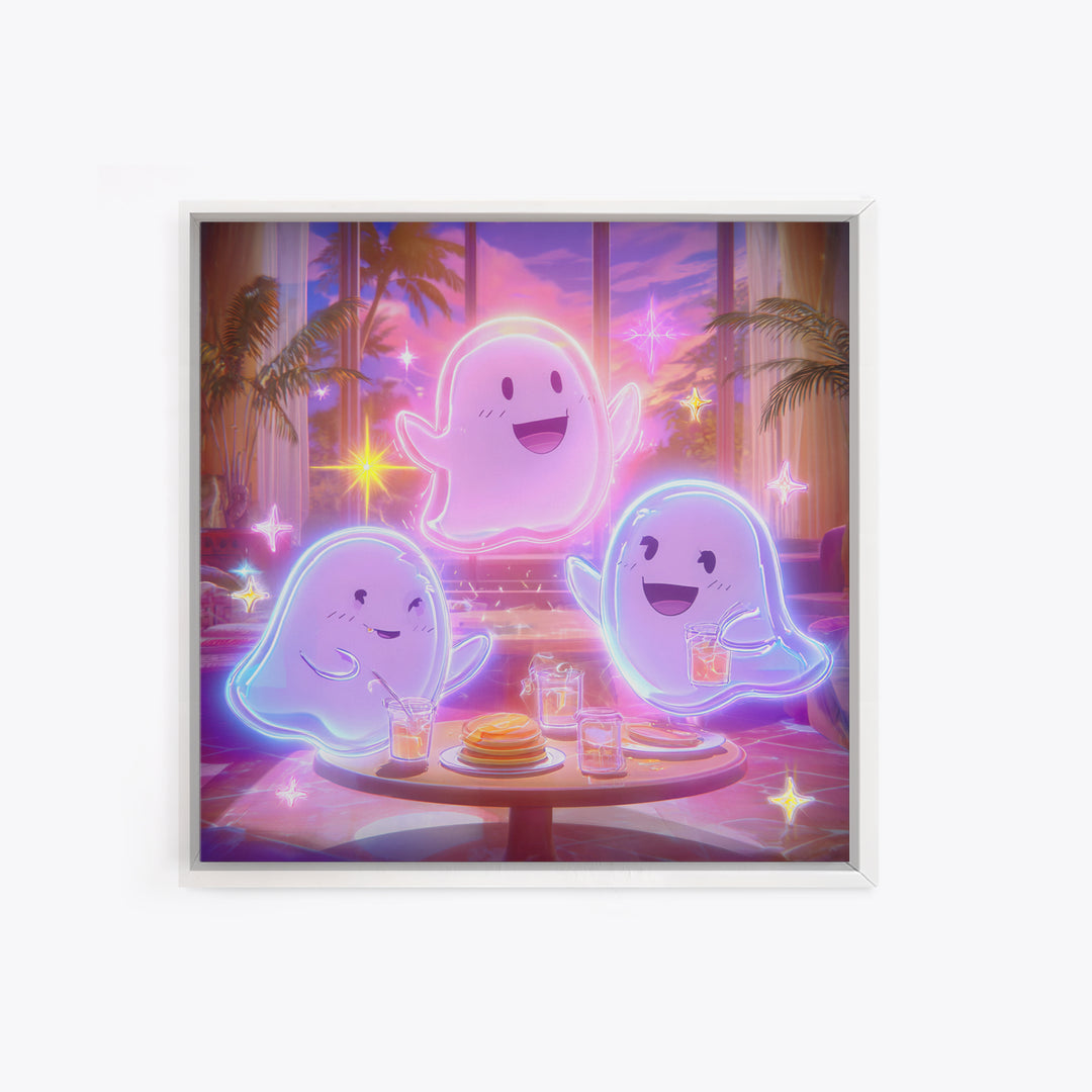 The Ghost Family Breakfast, Retro Neon Halloween Art, Square Wall Art, Framed Canvas Print, Retro Halloween Decor, Neon Wall Art