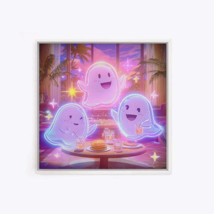The Ghost Family Breakfast, Retro Neon Halloween Art, Square Wall Art, Framed Canvas Print, Retro Halloween Decor, Neon Wall Art