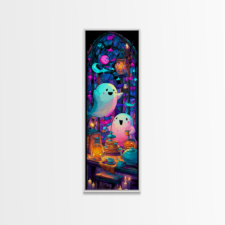 The Ghost Family Breakfast, Vaporwave Halloween Decor, Tall Narrow Wall Art, Canvas Print, Retro Halloween Decor, Neon Wall Art