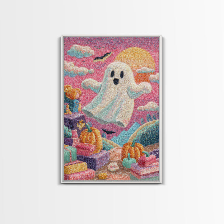 The Ghost Daycare, Retro Neon Halloween Art, Vertical Wall Art, Canvas Print, Retro Halloween Decor, Neon Wall Art, Statement Wall Art