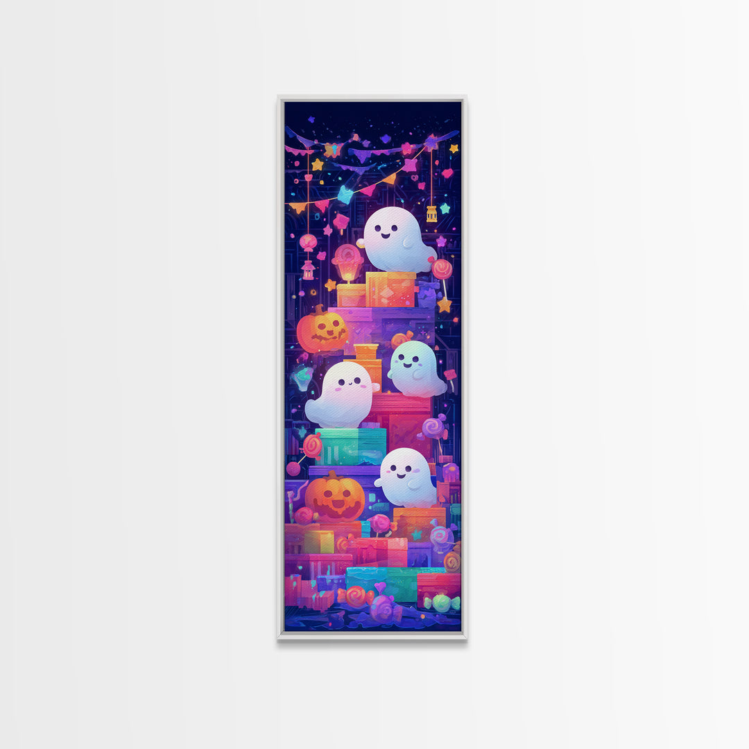 The Ghost Daycare, Retro Neon Halloween Art, Tall Narrow Wall Art, Framed Canvas Print, Retro Halloween Decor, Neon Wall Art