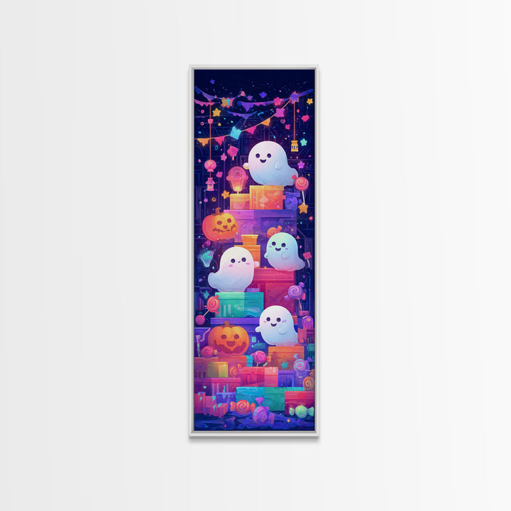 The Ghost Daycare, Retro Neon Halloween Art, Tall Narrow Wall Art, Framed Canvas Print, Retro Halloween Decor, Neon Wall Art